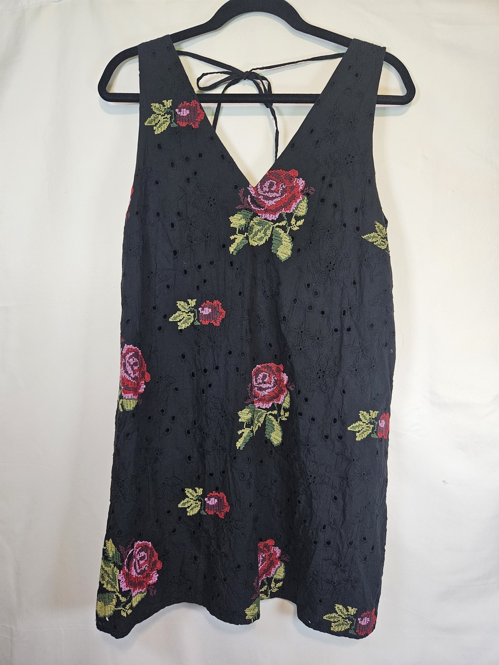 Black Floral Embroidered Cross Stitch Mini Dress with V-Back Tie